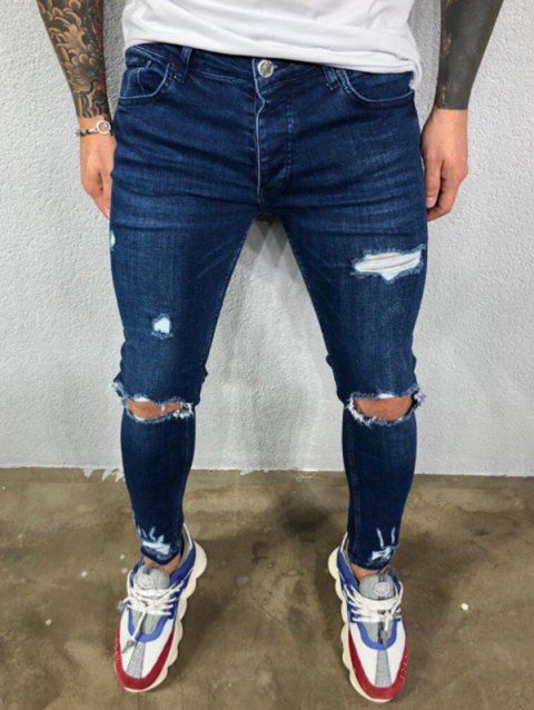 Jean skinny déchiré pour homme, effet usé, fermeture éclair, délavé foncé, poches