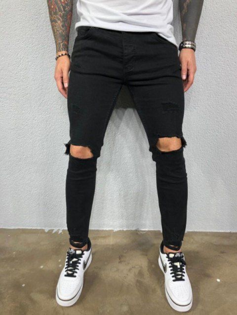 Jean skinny déchiré pour homme, effet usé, fermeture éclair, délavé foncé, poches