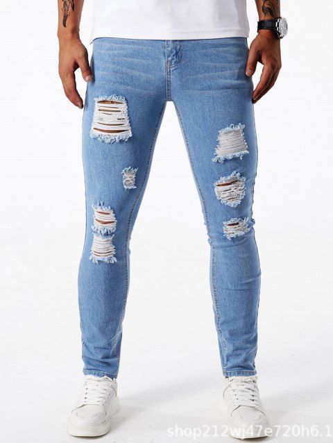 Jean skinny déchiré à fermeture éclair pour homme, jean à poches déchirées