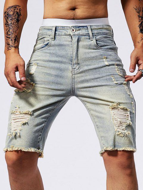 Men's Destroyed Zipper Up Straight Half Jeans Ripped Pocket Jeans