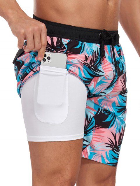 Short de plage pour homme à motif de feuilles tropicales colorées, avec cordon de serrage, poche intérieure, taille élastique