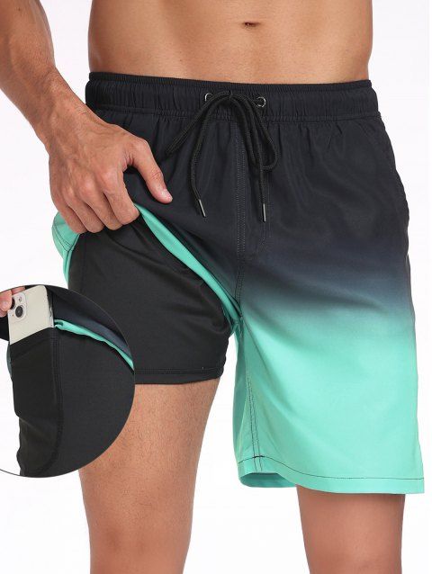Men's Ombre Drawstrings Beach Shorts Inner Pocket Elastic Waist Board Shorts