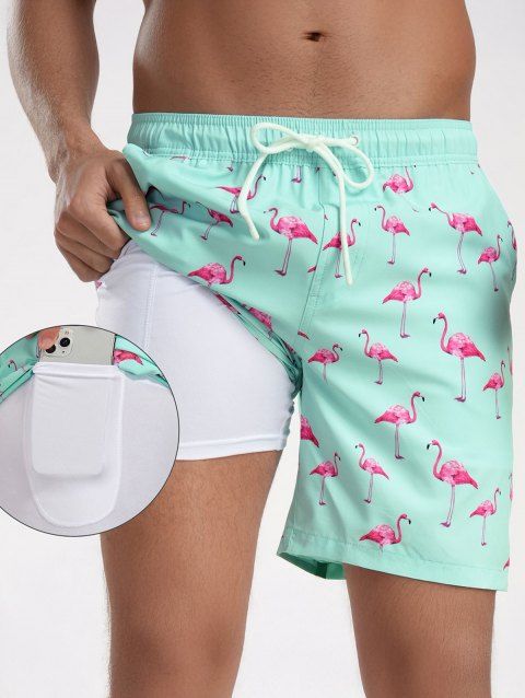 Short de plage pour homme avec cordon de serrage et motif flamant rose, poche intérieure, taille élastique