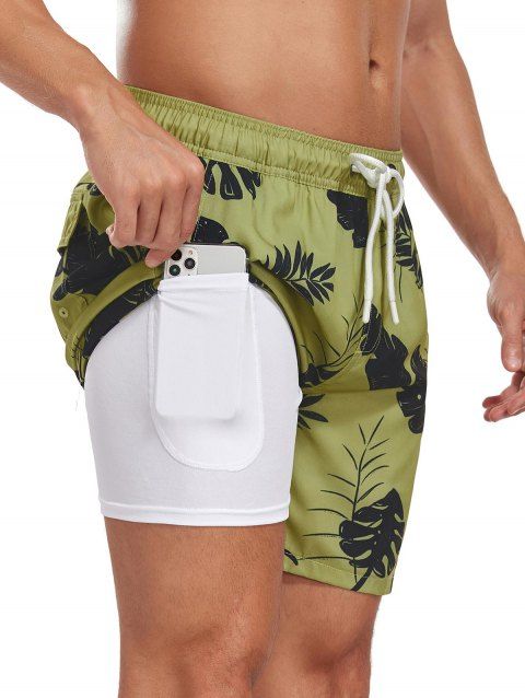 Short de plage à cordon de serrage pour homme, motif feuilles, poche intérieure, taille élastique, short de bain