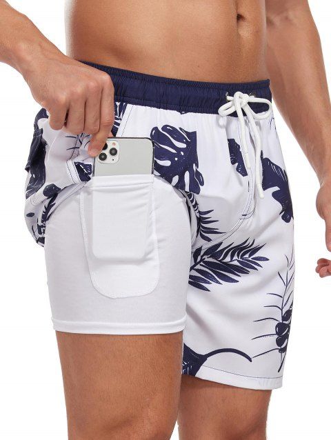 Short de plage à cordon de serrage pour homme, motif feuilles, poche intérieure, taille élastique, short de bain
