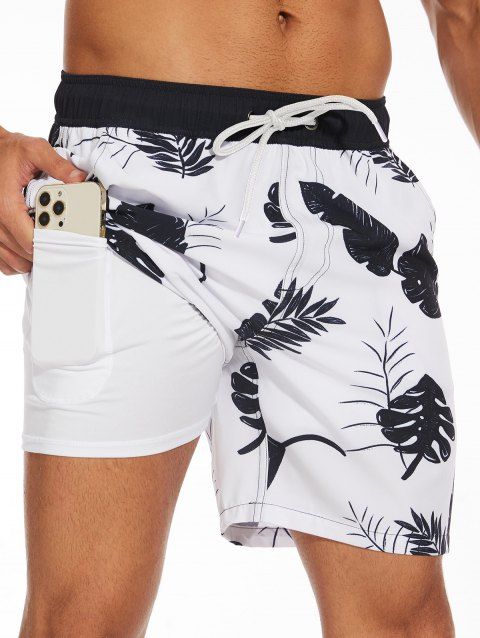 Short de plage à cordon de serrage pour homme, motif feuilles, poche intérieure, taille élastique, short de bain