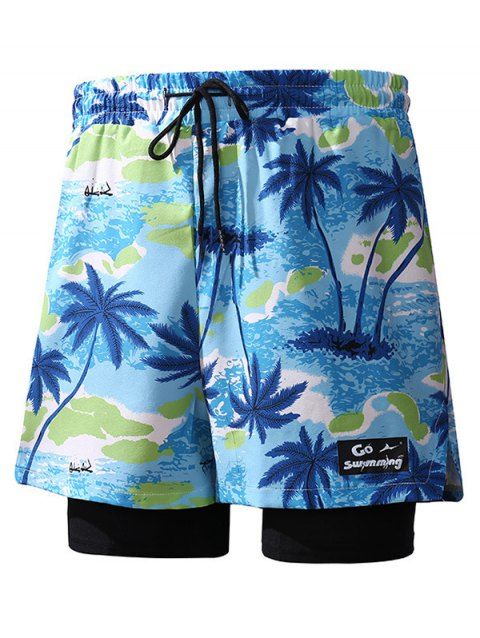 Short de plage à cordon de serrage pour homme, motif cocotier, taille élastique double épaisseur