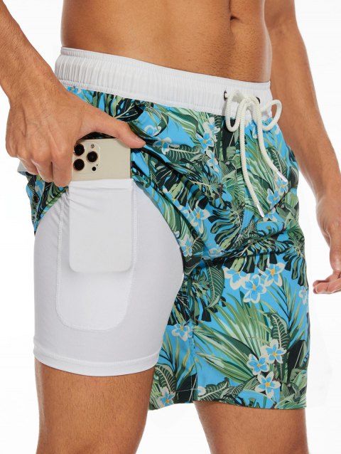 Short de plage à cordon de serrage pour homme, motif feuilles tropicales, poche intérieure, taille élastique, short de bain