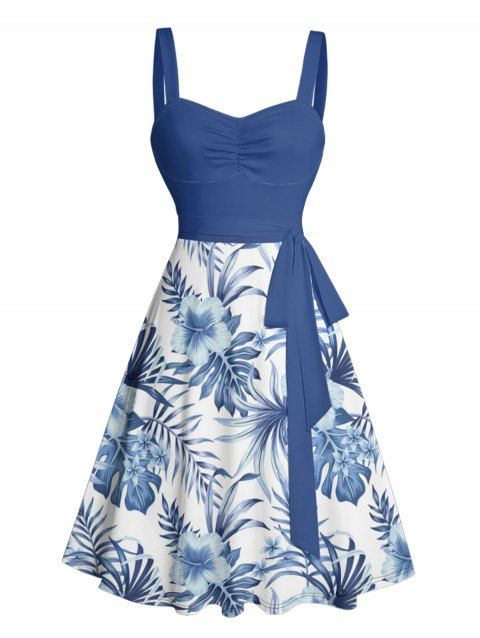 Mini Robe de Vacances Ceinturée Fleur Feuille Tropicale Imprimées