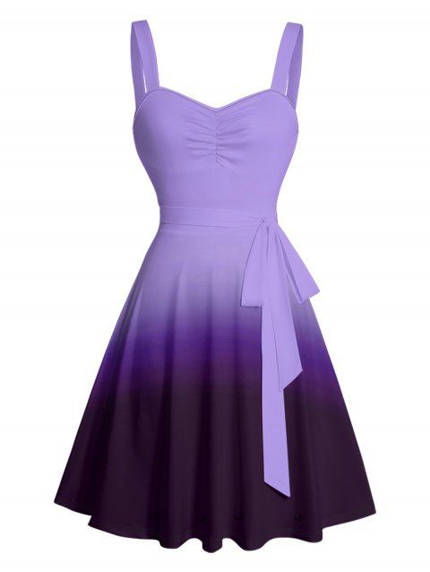 Ombre Ruched Bust Belt Dress Sweetheart Neck Empire Waist A Line Mini Casual Dress