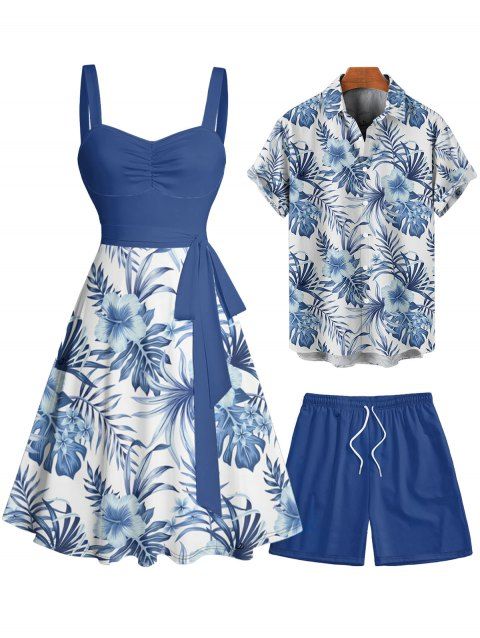 Vacation Couple Outfit Tropical Flower Leaf Print Belted Mini Dress and Roll Up Sleeve Shirt Solid Color Drawstring Waist Shorts Matching Outfit