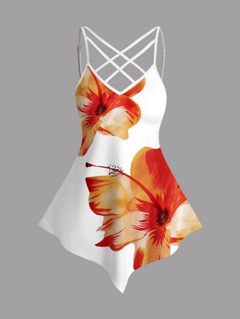 Tropical Flower Pattern Lattice Strap Vacation Tank Top Pointed Hem Adjustable Strap Casual Top