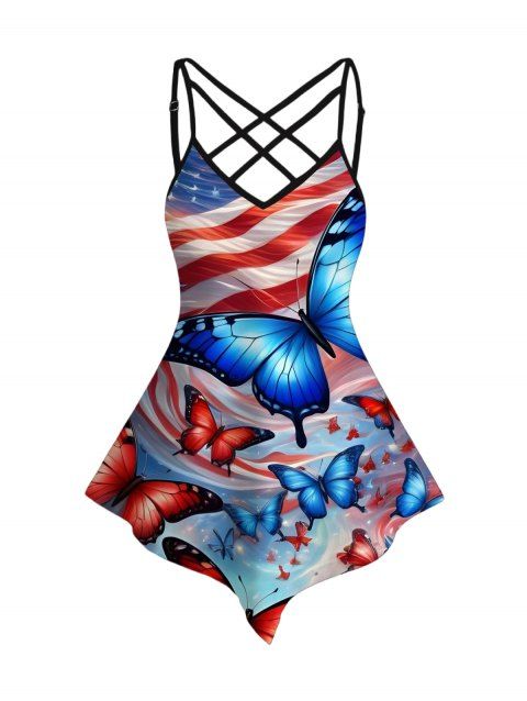 Butterfly American Flag Pattern Lattice Strap Independence Day Tank Top Pointed Hem Adjustable Strap Patriotic Tank Top