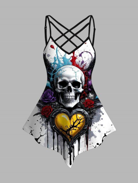 Débardeur gothique à bretelles réglables et ourlet pointu, motif tête de mort, rose, cœur, éclaboussures d'encre, décontracté