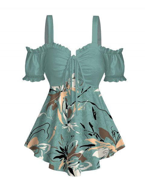 T-shirt de vacances à volants et épaules dénudées, imprimé floral, nœud papillon, ourlet volanté, manches courtes, décontracté