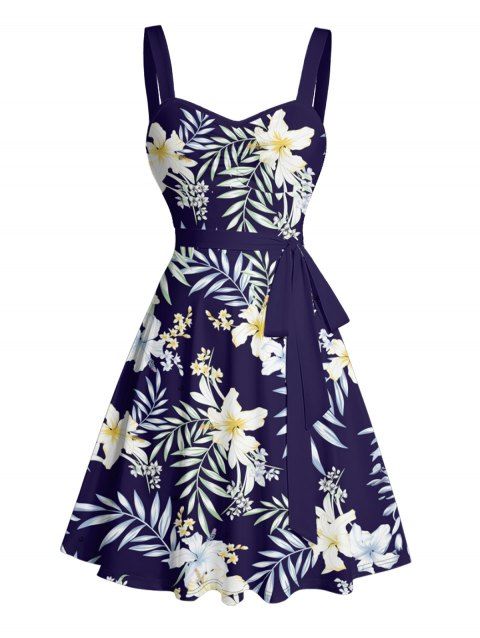 Robe de vacances à motif floral et feuilles sur toute la surface, buste froncé, col en cœur, ceinture, mini-robe trapèze