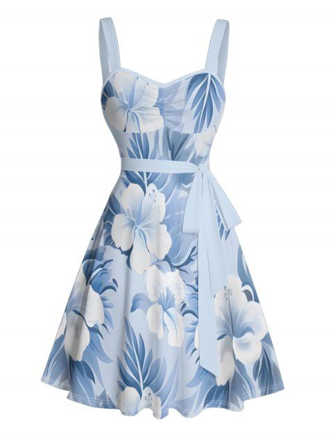 Robe de vacances à motif floral et feuilles aquarelles, buste froncé, col en cœur, ceinture, mini-robe trapèze