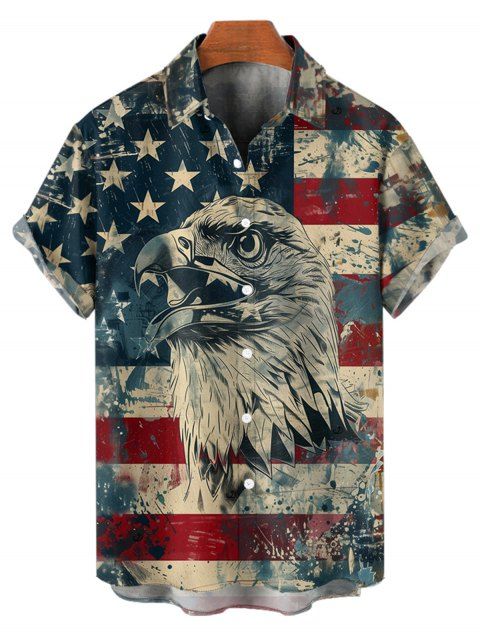 Chemise patriotique boutonnée à manches courtes et revers pour homme, motif drapeau américain, motif aigle, fête de l'indépendance
