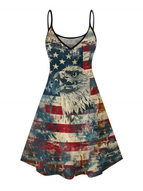 Eagle American Flag Pattern Independence Day Dress Spaghetti Strap V Neck A Line Mini Patriotic Tank Dress