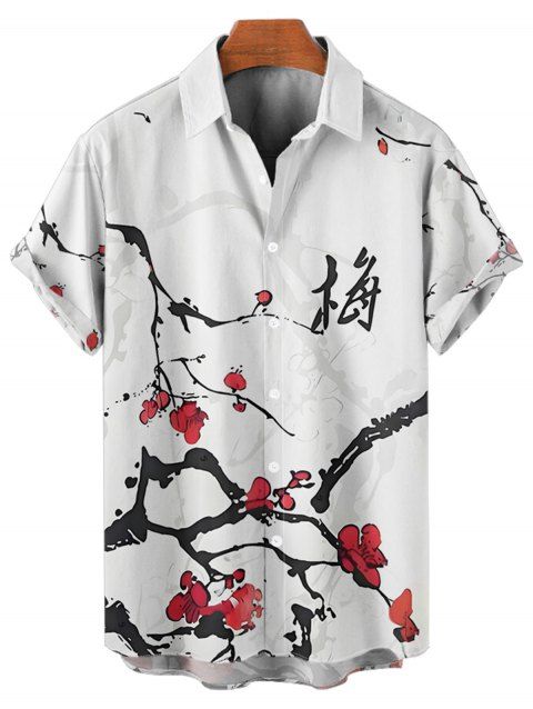 Chemise de vacances à manches courtes et boutons pour homme, motif branches de fleurs de pêcher, peinture à l'encre