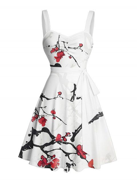 Robe de vacances à motif de branches de fleurs de pêcher avec peinture à l'encre, buste froncé, col en cœur, ceinture, mini-robe trapèze