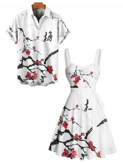 Vacation Couple Outfit Ink Painting Peach Blossom Branches Pattern Ruched Bust Belt Dress and Roll Up Sleeve Shirt Matching Outfit