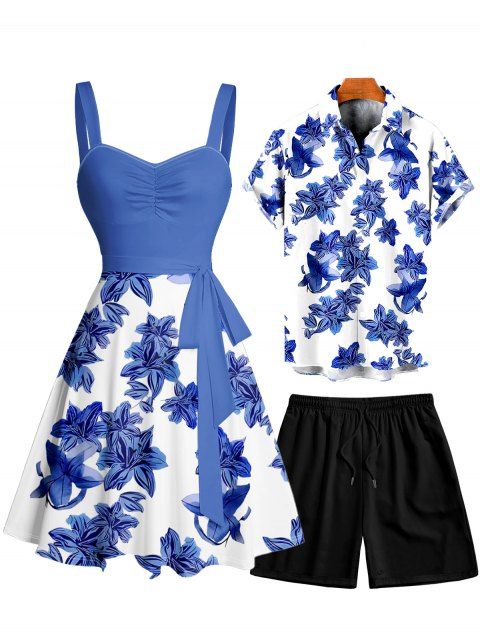 Vacation Couple Outfit Floral Pattern Ruched Bust Sweetheart Neck Belt A Line Mini Dress and Roll Up Sleeve Shirt Drawstrings Shorts Matching Outfit