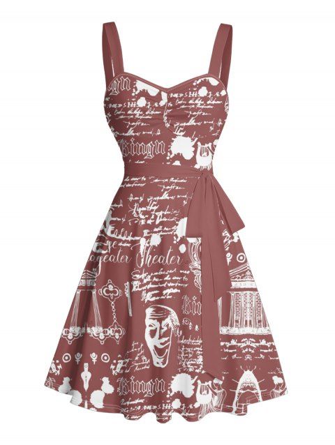 Robe gothique à imprimé tête de mort et lettres, buste froncé, col en cœur, ceinture, mini robe vintage trapèze