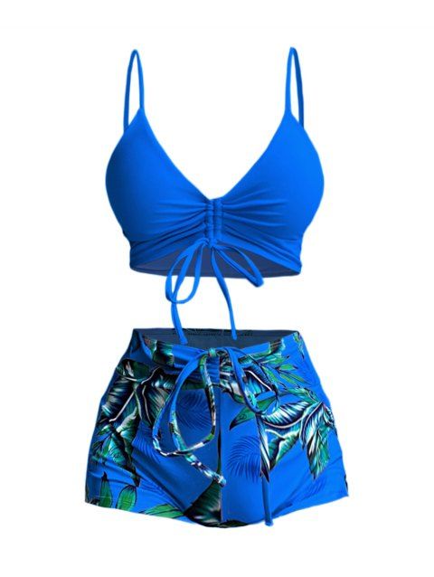 Maillot de bain deux pièces tankini de plage uni avec haut à bretelles spaghetti et nœud papillon à motif de feuilles tropicales, effet gainant, shorty pour garçon, maillot de bain de vacances