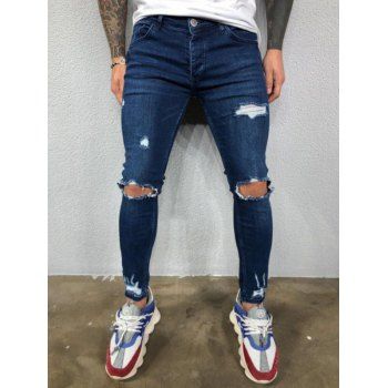 Men's Destroyed Jeans Zipper Up Skinny Jeans Ripped Dark Wash Pocket Jeans