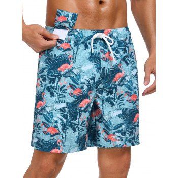 Men's Tropical Leaf Flamingo Pattern Drawstrings Beach Shorts Inner Pocket Elastic Waist Board Shorts