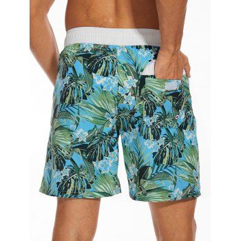 Men's Tropical Leaf Pattern Drawstrings Beach Shorts Inner Pocket Elastic Waist Board Shorts