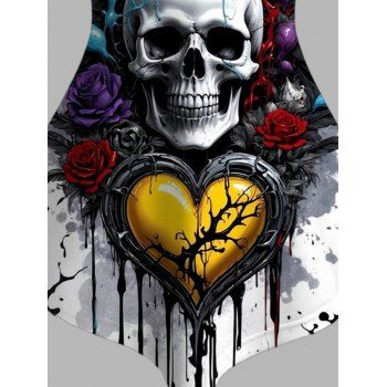 Skull Rose Heart Splash Ink Pattern Lattice Strap Gothic Tank Top Pointed Hem Adjustable Strap Casual Top