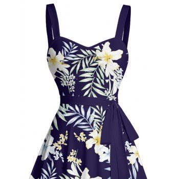 Allover Floral Leaf Pattern Vacation Dress Ruched Bust Sweetheart Neck Belt A Line Mini Dress