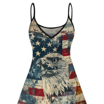 Eagle American Flag Pattern Independence Day Dress Spaghetti Strap V Neck A Line Mini Patriotic Tank Dress