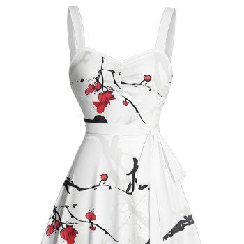 Ink Painting Peach Blossom Branches Pattern Vacation Dress Ruched Bust Sweetheart Neck Belt A Line Mini Dress