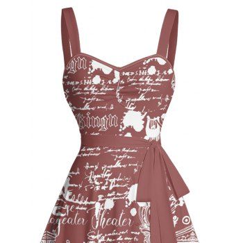 Allover Skulls Letter Printed Gothic Dress Ruched Bust Sweetheart Neck Belt A Line Mini Vintage Dress