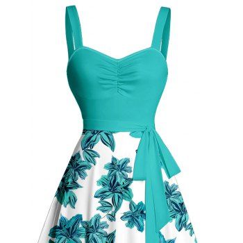 Floral Pattern Vacation Dress Ruched Bust Sweetheart Neck Belt A Line Mini Dress