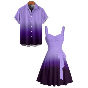 Casual Couple Outfit Ombre Ruched Bust Belt Sweetheart Neck A Line Mini Dress and Roll Up Sleeve Shirt Matching Outfit