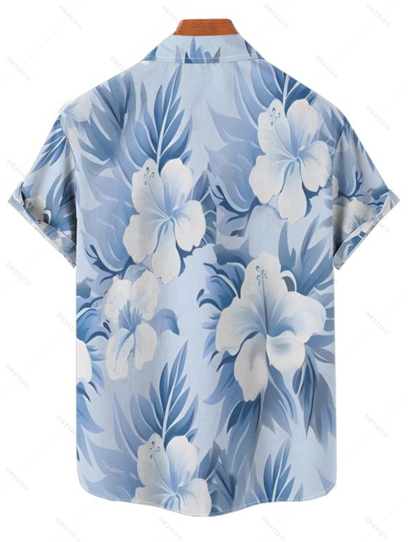 Chemise de vacances à manches courtes et boutons pour homme, motif floral aquarelle et feuilles - Bleu clair 2XL