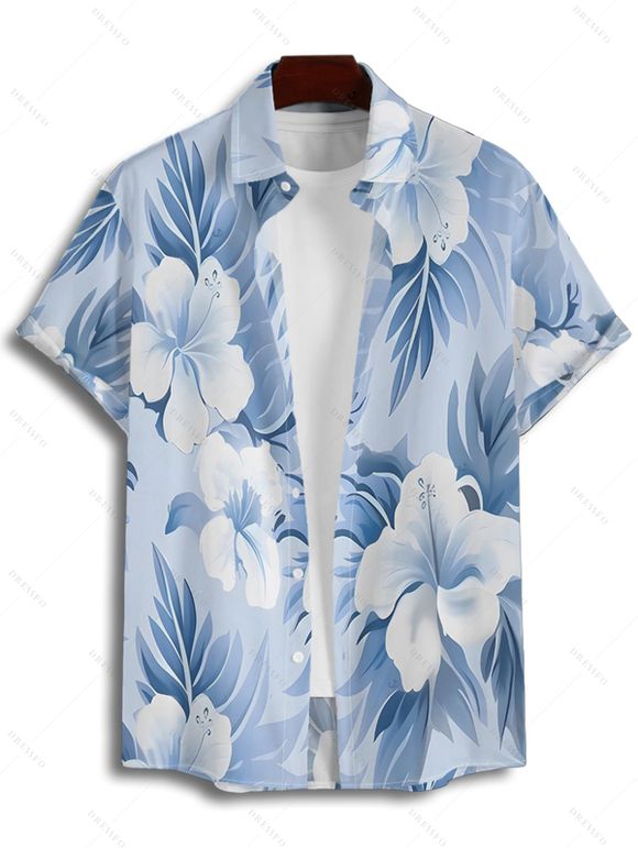 Chemise de vacances à manches courtes et boutons pour homme, motif floral aquarelle et feuilles - Bleu clair 2XL