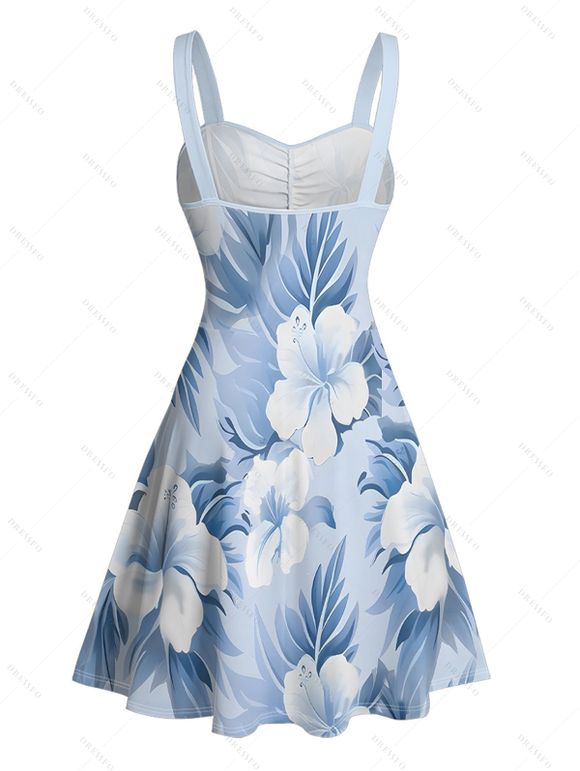 Robe de vacances à motif floral et feuilles aquarelles, buste froncé, col en cœur, ceinture, mini-robe trapèze - Bleu clair XL | US 12