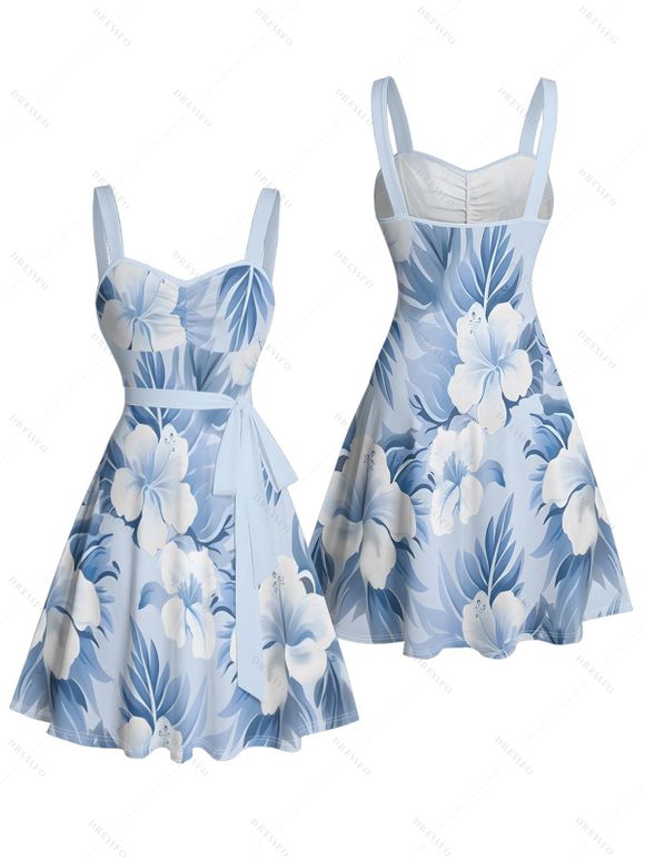 Robe de vacances à motif floral et feuilles aquarelles, buste froncé, col en cœur, ceinture, mini-robe trapèze - Bleu clair XL | US 12