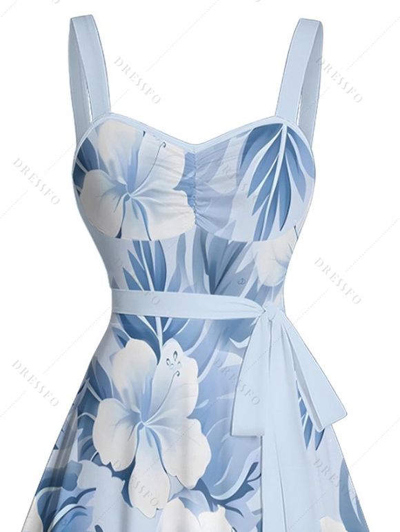 Robe de vacances à motif floral et feuilles aquarelles, buste froncé, col en cœur, ceinture, mini-robe trapèze - Bleu clair XL | US 12