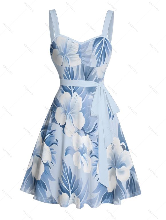 Vacation Couple Outfit Watercolor Floral Leaf Pattern Ruched Bust Sweetheart Neck Belt A Line Mini Dress and Roll Up Sleeve Shirt Matching Outfit - Bleu clair S | US 4