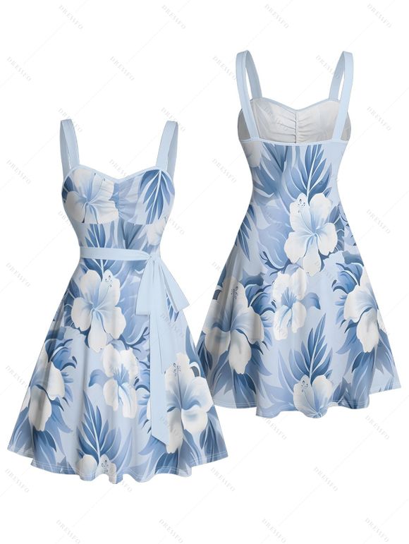 Vacation Couple Outfit Watercolor Floral Leaf Pattern Ruched Bust Sweetheart Neck Belt A Line Mini Dress and Roll Up Sleeve Shirt Matching Outfit - Bleu clair S | US 4