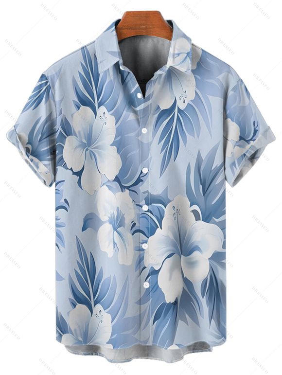 Vacation Couple Outfit Watercolor Floral Leaf Pattern Ruched Bust Sweetheart Neck Belt A Line Mini Dress and Roll Up Sleeve Shirt Matching Outfit - Bleu clair S | US 4