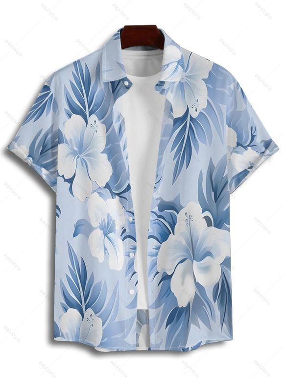 Vacation Couple Outfit Watercolor Floral Leaf Pattern Ruched Bust Sweetheart Neck Belt A Line Mini Dress and Roll Up Sleeve Shirt Matching Outfit - Bleu clair S | US 4