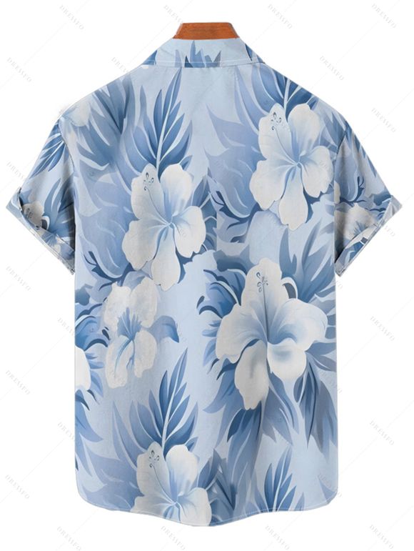 Vacation Couple Outfit Watercolor Floral Leaf Pattern Ruched Bust Sweetheart Neck Belt A Line Mini Dress and Roll Up Sleeve Shirt Matching Outfit - Bleu clair S | US 4