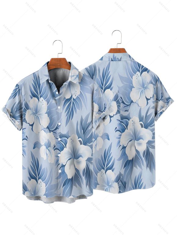 Vacation Couple Outfit Watercolor Floral Leaf Pattern Ruched Bust Sweetheart Neck Belt A Line Mini Dress and Roll Up Sleeve Shirt Matching Outfit - Bleu clair S | US 4